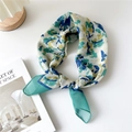 Soft cotton-linen square scarf featuring colorful abstract print in teal and yellow - 31 Cotton - Abstract Flower Lake Green