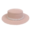 Pink flat top straw sun hat with elegant white lace and pearl ribbon decoration - Pearl Lace Decor Band Style (302E)