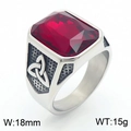 Vintage Viking ring with large red rectangular gemstone and Celtic knot metal carving - Style C Steel Red (KR109908-TGX)