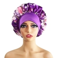 Extra large purple satin floral sleep cap with wide elastic band for hair protection - 10868 Purple Floral