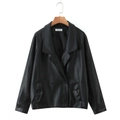 Women's black PU leather jacket with V-neck double-breasted buttons on a white background - S / Black