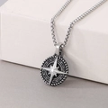 Vintage silver octagram compass pendant with a robust stainless steel box chain - Industrial Style Retro Silver Compass Round Pendant (KN287524-AQ)