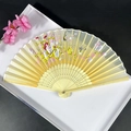 Bamboo silk folding fan featuring elegant flower and bird patterns on a beige frame - Beige Flower & Bird Pattern Style (Women's Fan-70)