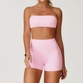 Light pink brushed yoga set with bandeau top and high waist lifting shorts - S / Sakura Pink (Shorts Set)