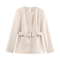 Elegante blazer beige entallada para mujer con un cinturón estiloso y hebilla dorada - XS / Tops