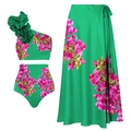 Bikini tre pezzi monospalla con slip a vita alta e gonna pareo coordinata a fiori - S / Set da 3 Pezzi