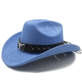 Close-up of sky blue faux suede cowboy hat with metallic bull head and rivet band - M (56-58cm) / Sky Blue (Suede)