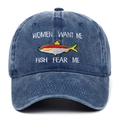 Detailed embroidery of fish and humor text on a vintage washed blue denim baseball cap - Navy Blue