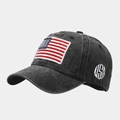 Close-up of USA embroidery and vintage washed texture on the cotton baseball cap - Black