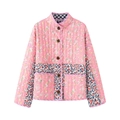 Giacca trapuntata reversibile a fiori rosa con bottoni in legno e tasche applicate - S / Rosa-Blu Reversibile Floreale