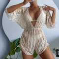 Three-piece beige lace mesh swimwear set with high-waisted drawstring cover-up shorts - S / Cream Hollow-out 3-Piece Set / Off White