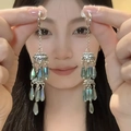 Boucles d'oreilles bohèmes vintage avec franges argentées et cristaux dégradés bleus - No.5 Crochet Doré Vert