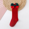 Detail of red Christmas baby socks with large green satin bow on a decorative mat - L 1-3 Years Old / Red (Red Green Four Bows)