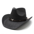 Chapeau de cowboy en paille noire avec ornement tête de taureau et rivets argentés - M (56-58cm) / Noir