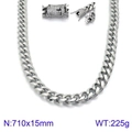 Silver stainless steel Cuban chain necklace with diamond clasp detail, 15mm width - Silver Cuban Link Necklace Rhinestone Clasp 710x15mm(KN93829-Z)