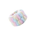 Rainbow plush wrist washband with soft pastel pink, blue, and yellow colors for spa - Rainbow Style