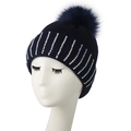 Dunkelblaue Winter-Strickmütze für Damen mit bunten Strasssteinen und Kunstpelz-Bommel - Erwachsene / Marineblau