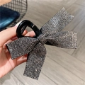 Sparkling dark gray rhinestone bow hair claw clip with black polished finish - Cross Bow Large Grip Clip