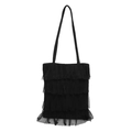 Elegant black layered mesh tote bag with romantic ruffle fringe and slim shoulder straps - Black