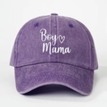 Close-up of Boy Mama embroidery and heart detail on washed purple cotton baseball cap - One Size / Dark Purple