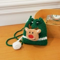 Green handmade knitted Christmas reindeer drawstring bag with a cute plush deer head - Green Reindeer Style