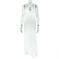 Detail of white halter neck maxi dress with teardrop cutout and elegant ruched waist - S / White