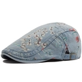 Lichtblauwe denim baret met bloemenprint en verstelbare bronzen gesp vintage - Verstelbaar / Lichtblauw