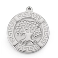 Macro shot of silver stainless steel Tree of Life pendant with Greek meander border - Greek Key Meander Border Tree of Life (KLJ5831-Z)