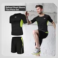 Men's athletic compression set with black short sleeve and green拼接 shorts for gym - S / Top And Bottom / Fluorescent Green