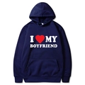 Navy blue hoodie with 'I LOVE MY BOYFRIEND' heart print and kangaroo pocket - S / Tops / Navy Blue
