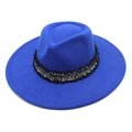 Detail of royal blue fedora hat featuring a black and silver tweed decorative band - Blue