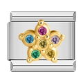 Italian modular bracelet link with gold star and multi-color crystal gemstones - Flower Drill Surface Star Shape (0763) / Multicolor Star