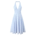 Light blue halter neck dress with deep V-neck and floral jacquard texture for women - S / Light Blue