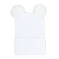 Detailed close-up of white double pompom knit baby hat with soft bear ear design - White