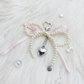 French style pearl bow keychain with pink ribbon and silver heart pendant for bags - Pink Checkered Ribbon