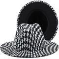 Cappello fedora classico in lana con motivo pied de poule bianco e nero a tesa larga - M (56-58cm) / Stile Pied de Poule Bianco e Nero (JXF-520-2)