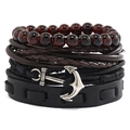 Retro multilayer leather bracelet set with anchor pendant and beads on white background - Black 4-Piece Set