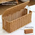 Light brown rattan style power strip cable management box with lid 31.5x13x12cm - Double Opening Cable Box / Tan