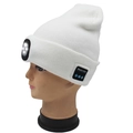 White knitted beanie with integrated LED headlight and Bluetooth music speakers - 4-LED Bluetooth Style / White