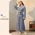 Unisex sea blue flannel bathrobe with belt and white piping for men and women - Sea Blue (Women)