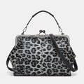 Chic leopard print handbag with metal frame clasp and adjustable black shoulder strap - Gray Blue Leopard