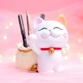 White Maneki Neko lucky cat pencil holder with money bag design and red collar - Lucky Cat with Gold Bag (211-1 Beige)
