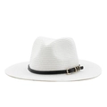 Elegant white woven straw Fedora sun hat with a slim black band and golden metal buckle - M (56-58cm) / White