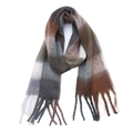 Detailed close-up of thick checkered scarf with long fringe and multi-color knit texture - Coffee (02#)
