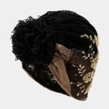 Turbante vintage da donna in pizzo con paillettes con fiori di paillettes dorate e grande fiore - Caffè con Paillettes Dorate
