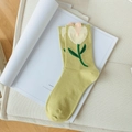 Yellow cotton socks with knitted white tulip flower design and pink core detail - Mustard Green