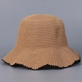 Close-up of knit sun hat featuring a wavy black scalloped edge and woven texture - M(56-58cm) / Khaki