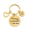 Gold stainless steel keychain with heart pendant and engraved romantic round plates - TO THE MOON and back (XYY030) Gold