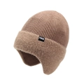 Dark khaki knitted trapper hat with warm fleece lining and black FBXS logo patch - One Size / Khaki