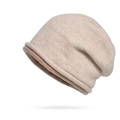 Minimalist beige knitted slouchy beanie hat for women featuring soft rolled edge texture - Beige With Contrasting Roll Edge